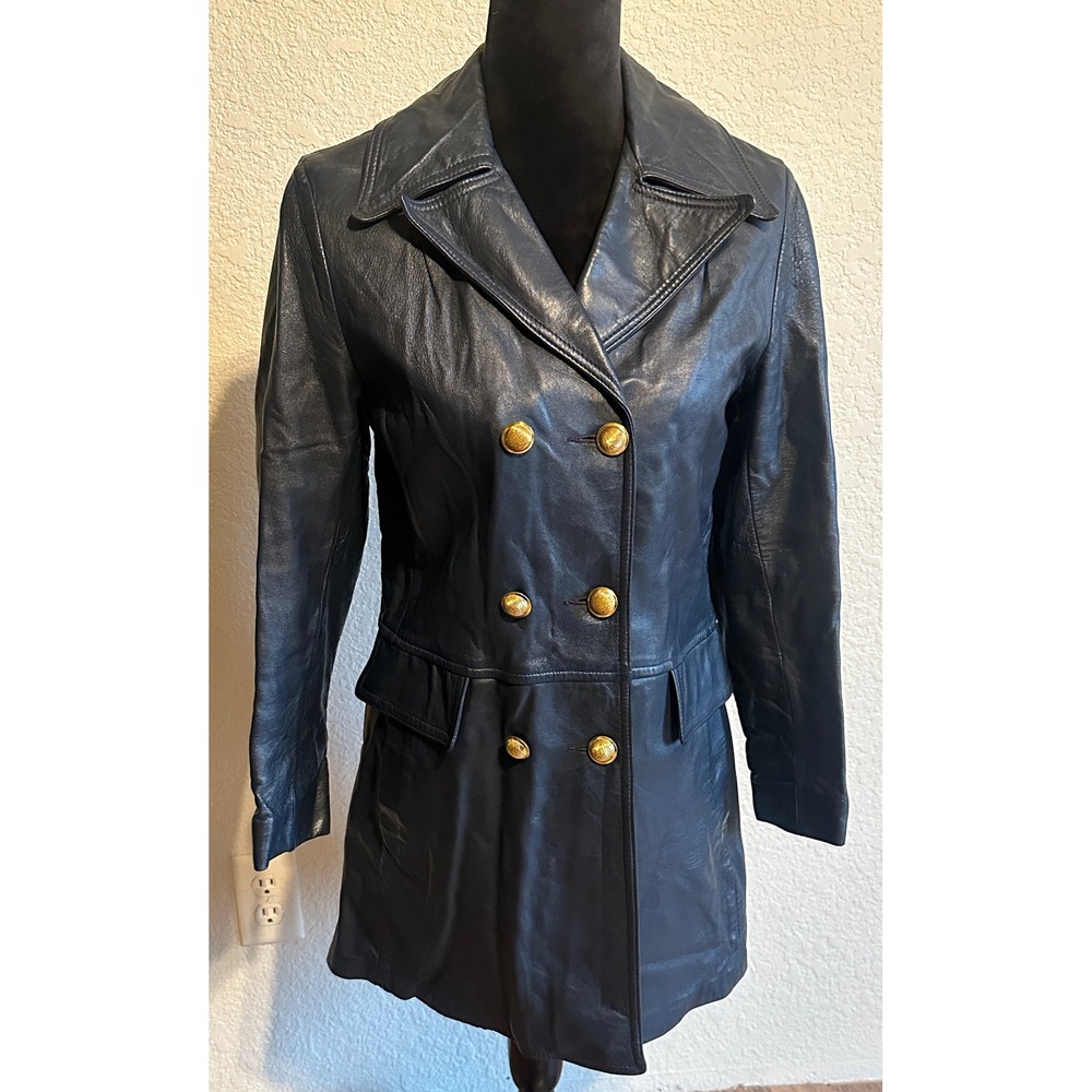 Vintage Scully Navy Blue Leather Double Breasted Pea Coat Gold Buttons Size 10